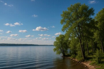 A Serene Lake Scene with Lush Trees and a Clear Sky