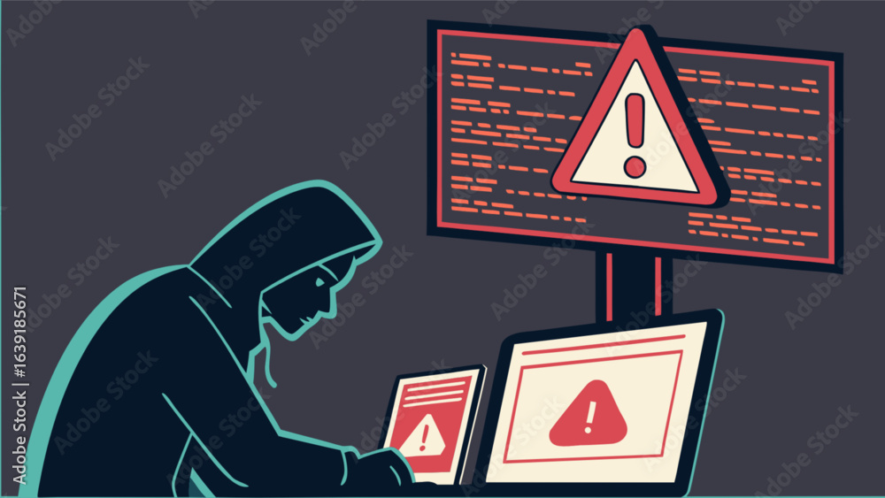 Poster cyber security threat alert hacker attack computer virus malware detected online scam phishing vulne