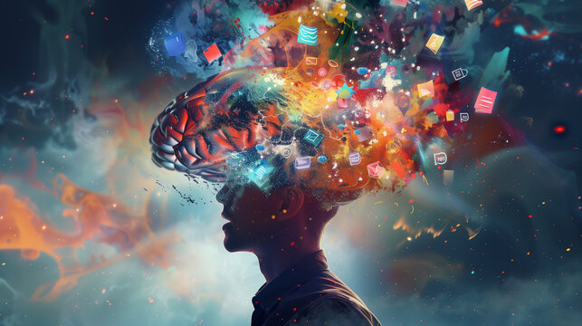 Concept art of mind exploding with creative icons 