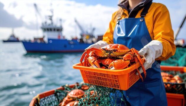 Freshly harvested crabs on a fishing boat capture the daily life and industry of seafood harvesting in coastal regions - Powered by Adobe