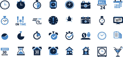Time & Clock icon set. Containing Clock, Timer, alarm, schedule, hourglass, and more, Vector illustration.