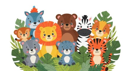 Fototapeta premium Cute cartoon animals gather in a vibrant jungle scene, creating a joyful illustration.