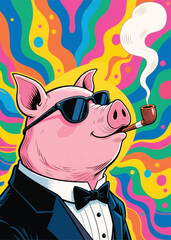 Colorful pipe smoking pig Illustrator Artwork design template poster