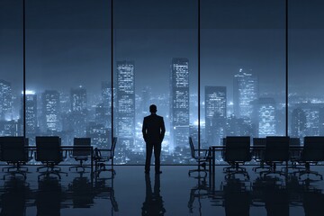 Businessman in an empty board room looks at the city skyline at night. Concept of leadership, future vision, and business success for corporate themes.