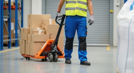 A warehouse worker uses a pallet jack to move boxes in a distribution center.