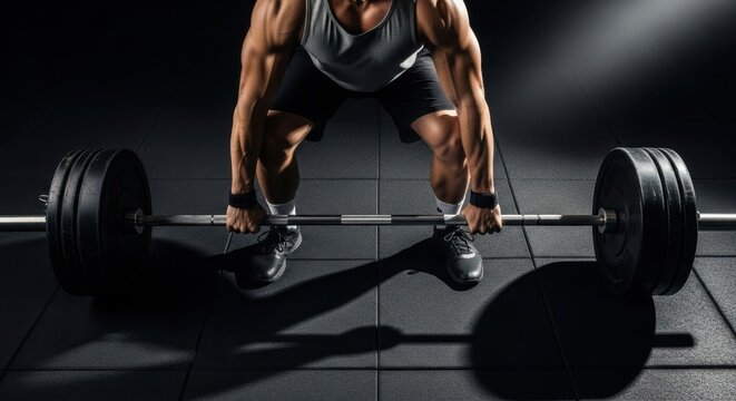 A determined athlete deadlifts a heavy barbell during a focused strength training session at the gym.