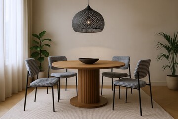 Modern Dining Set with Round Wooden Table and Patterned Upholstered Chairs, Illuminated by a Textured Pendant Light