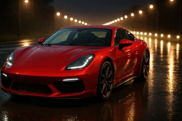 Fototapeta premium A solitary red sports car glistens under the night lights, a beacon of speed and luxury amidst the rain-soaked cityscape