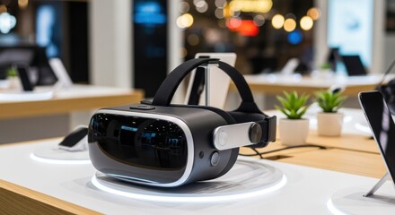Modern VR Headset Displayed on Illuminated Stand in Tech Store