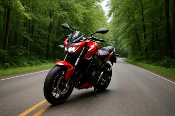 Obraz premium A Red Motorcycle Cruising Through a Forested Road