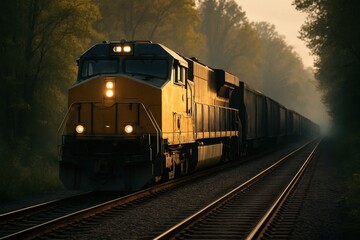 Obraz premium A Steam Locomotive's Voyage into the Forested Morning Light