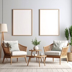 Empty framed art pieces on a light gray wall, with light-colored wicker armchairs and a small round table, creating a serene and minimalist living room.
