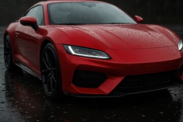 Fototapeta premium A solitary red sports car stands out against a rain-soaked backdrop, its sleek design reflecting the moody atmosphere of an overcast day