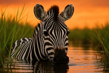 A zebra is seen resting in water during sunset, with its head above the surface, creating a serene and captivating scene
