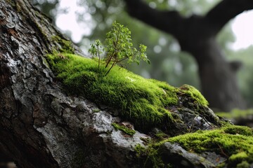 Obraz premium Moss covering a tree trunk with new greenery in a forest during late afternoon light