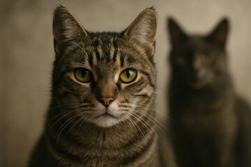 Fototapeta premium A tabby cat gazes intently into the camera lens while its companion remains in the shadows, their eyes reflecting a silent conversation between them