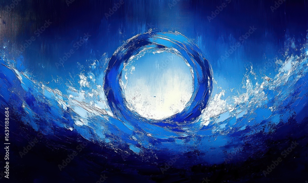 Poster abstract painting featuring a textured circular shape surrounded by dynamic waves of blue and white 