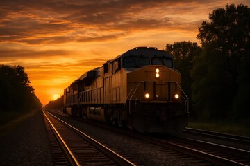 Fototapeta premium A Freight Train's Journey Through the Sunset Sky