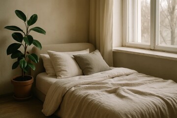 A serene bedroom corner with a potted plant by the window