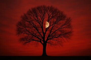 Silhouette of a solitary tree against a fiery red sky, with a crescent moon casting an ethereal glow