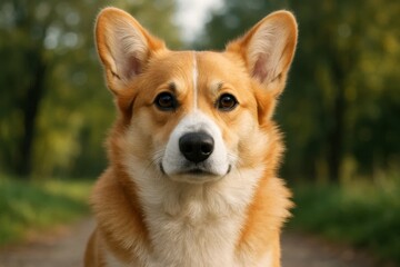 A serene Corgi gazes into the distance, its golden fur contrasting with the soft green hues of a tranquil forest