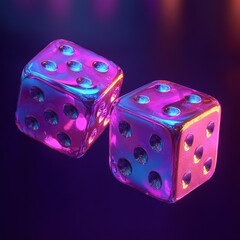 Two translucent dice illuminated with vibrant neon pink, purple, and blue lighting on a reflective dark surface, evoking a modern and futuristic mood