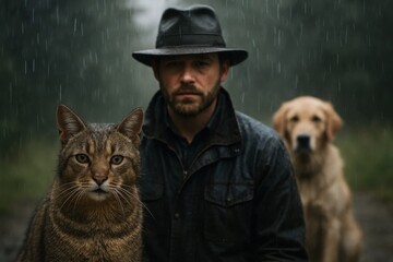 Under the relentless rain, a man and his loyal canine companion stand together in quiet resilience