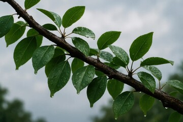 A Branch Laden with Raindrops Under a Gloomy Sky