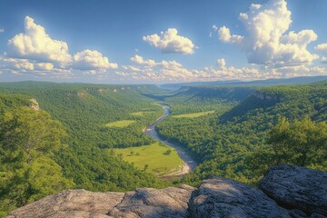 Scenic view of a winding river flowing through lush green forested valleys under a blue sky with scattered fluffy clouds, observed from a rocky cliff