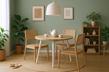 Inviting Dining Area with Natural Wood Furniture, Woven Accents, and Lush Greenery, Creating a Serene and Modern Aesthetic