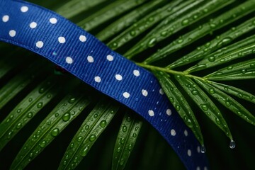 A Blue Polka Dot Ribbon Weaves Through Lush Green Fern Leaves