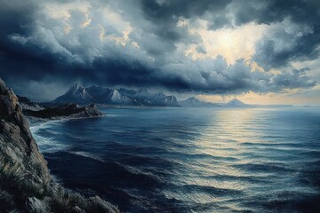 Dramatic seascape with rugged coastline, rolling waves under heavy moody clouds and distant mountains illuminated by soft sunlight