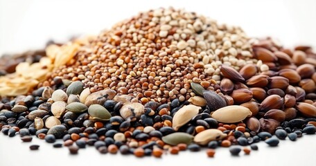 Close-up of a diverse assortment of various seeds and grains piled together on a white background, showcasing natural textures and earthy tones