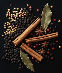 Close-up of assorted spices including cinnamon sticks, bay leaves, star anise, black peppercorns, white peppercorns, and red peppercorns arranged on a black surface