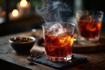 Enjoying a rich and aromatic coffee negroni cocktail served in a glass with ice, showcasing vibrant colors and captivating steam at a cozy bar setting during evening hours