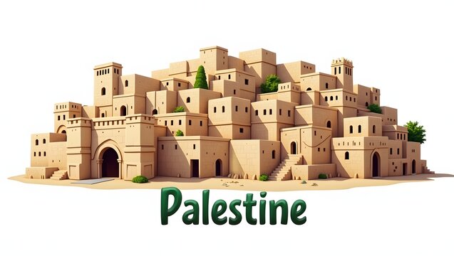 3D illustration of Hebron's Old City, featuring narrow alleys, old stone buildings, and bustling markets, reflecting the rich Palestinian culture and history. The word 'Palestine' in 3D letters below.