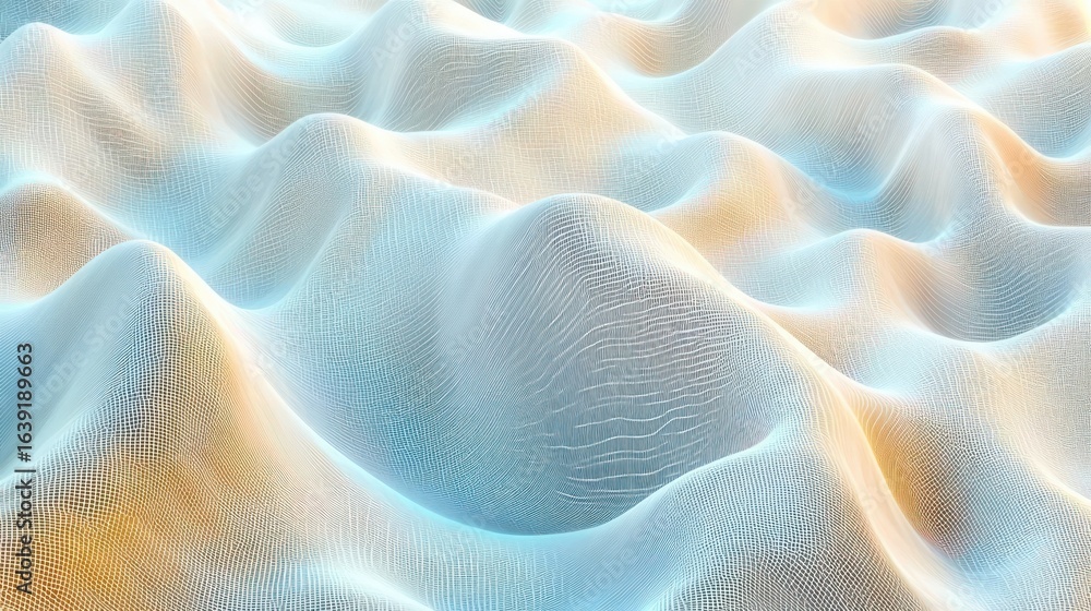 Poster abstract digital landscape with smooth, flowing hills formed by fine mesh grid lines in soft blue an
