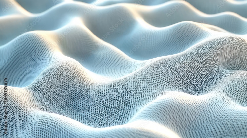 Poster close-up of a smooth, flowing white mesh fabric forming undulating wave-like patterns under soft lig