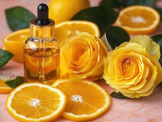 Close-up of yellow roses and sliced oranges surrounding a small bottle of golden oil with a dropper, evoking freshness and natural beauty