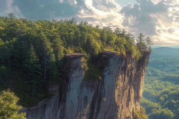 Sunlit rocky cliff covered with dense green trees overlooking a vast forested valley under a partly cloudy sky
