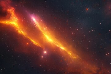 Bright fiery orange and yellow nebula against a dark star-filled space background creating a glowing cosmic landscape