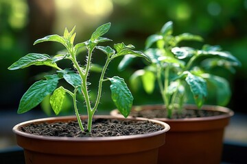 Young green tomato plants growing in brown pots under natural sunlight with soft blurred green background, symbolizing growth and freshness