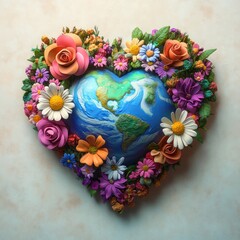 Heart-shaped globe surrounded by colorful and diverse flowers representing Earth and nature love