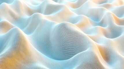 Abstract digital landscape with smooth, flowing hills formed by fine mesh grid lines in soft blue and warm beige tones creating a serene and futuristic atmosphere