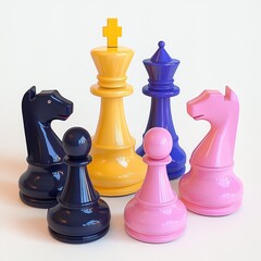 Glossy large chess pieces in yellow, purple, blue, and pink arranged closely on a white surface, showing knights, pawns, a king, and a queen