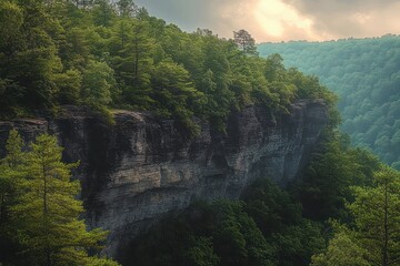 Lush green forest covering rocky cliff edges under a cloudy sky with soft sunlight illuminating the dense woodland and distant hills