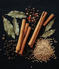 Assorted spices including cinnamon sticks, bay leaves, black peppercorns, multicolored peppercorns, and white mustard seeds arranged on a dark surface