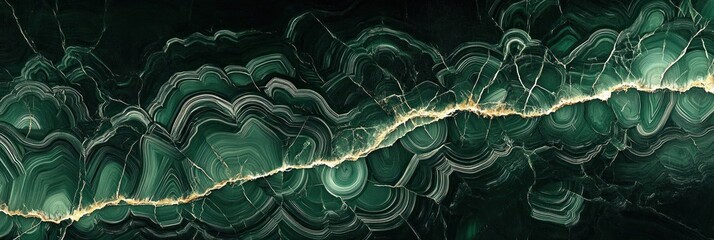 Close-up view of green malachite stone with intricate concentric band patterns and a prominent jagged golden vein running horizontally