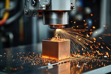 Close-up of a CNC machine cutting a metal cube with bright sparks flying, showcasing precision industrial metalworking process