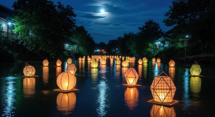 Floating Lanterns on River at Night Under Full Moon, Thailand